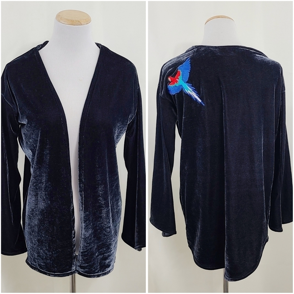Van Palma Stretch Velour Cardigan Gray Parrot Embroidery